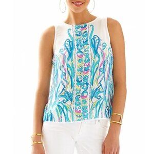 Lilly Pulitzer 100% Silk Tank Blouse, Blue Pattern with Gold Button Back, Size M